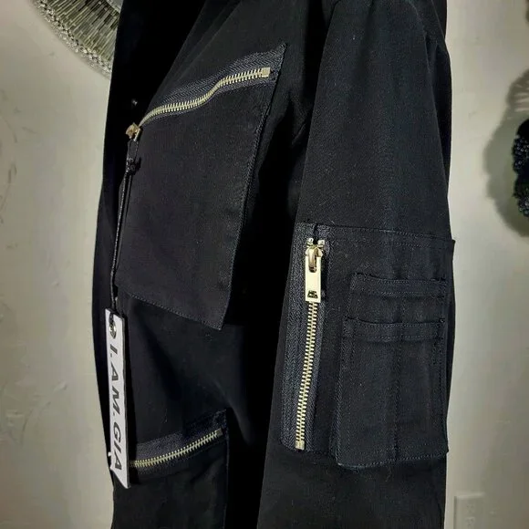 NWT~$295~I AM GIA~S/M~BLACK MILITARY UTILITY CARGO DENIM JEAN JACKET COAT - Picture 13 of 16
